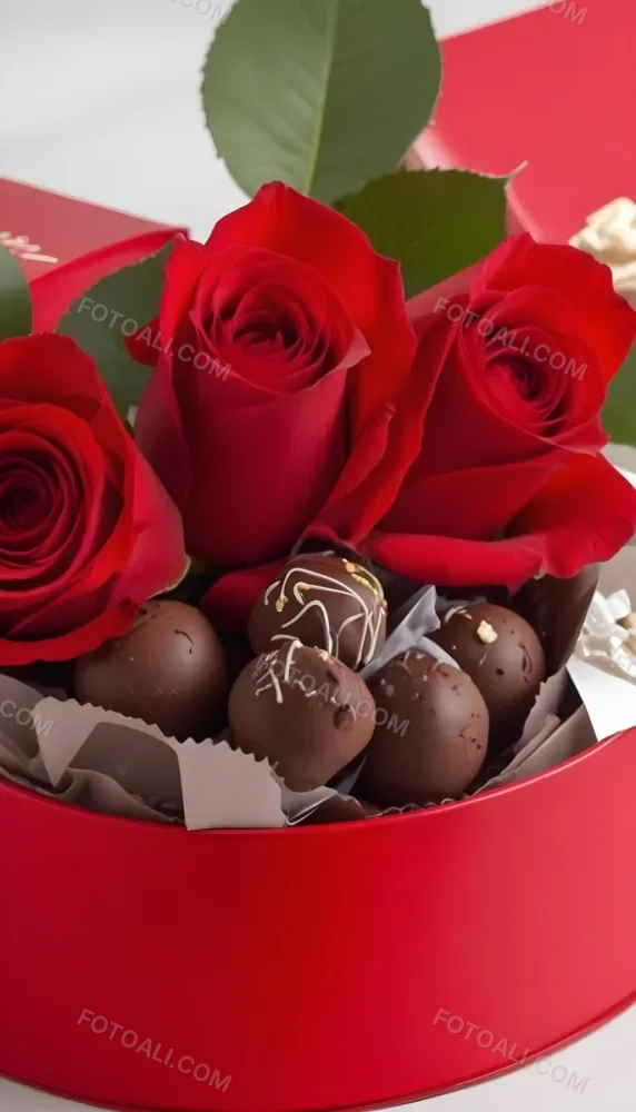 A Close Up Of A Red Rose Bouquet With Chocolate Truffles In A Red Box 21 8ad3