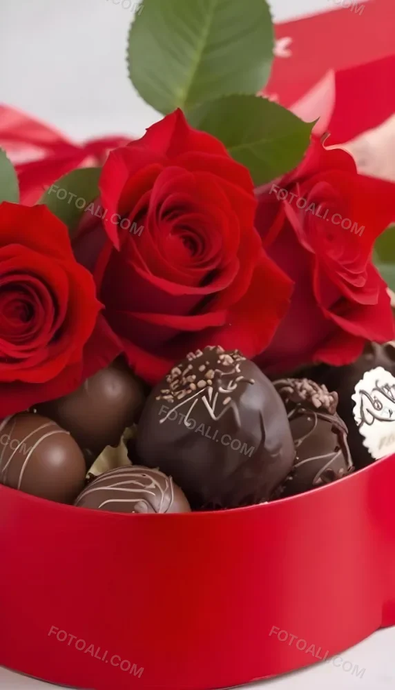 A Close Up Of A Red Rose Bouquet With Chocolate Truffles In A Red Box 22 467b