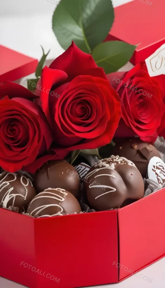 A Close Up Of A Red Rose Bouquet With Chocolate Truffles In A Red Box 23 B8d5
