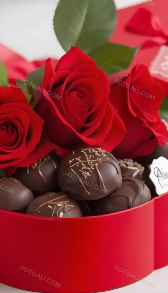 A Close Up Of A Red Rose Bouquet With Chocolate Truffles In A Red Box 24 085f