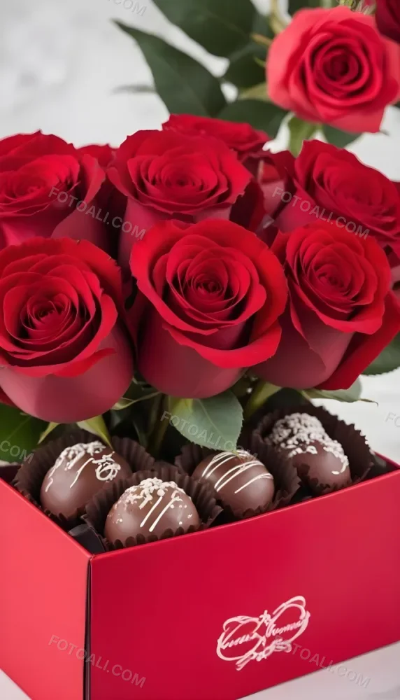 A Close Up Of A Red Rose Bouquet With Chocolate Truffles In A Red Box 4 18ae