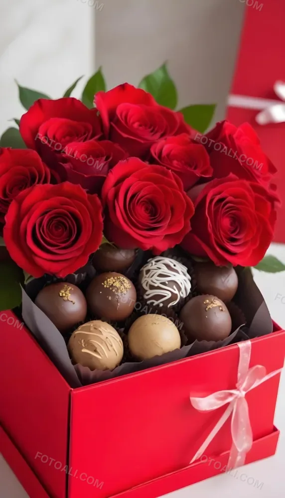 A Close Up Of A Red Rose Bouquet With Chocolate Truffles In A Red Box 7 Eed6