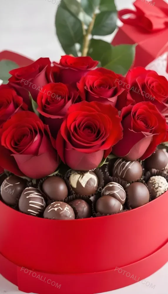 A Close Up Of A Red Rose Bouquet With Chocolate Truffles In A Red Box 8 B340