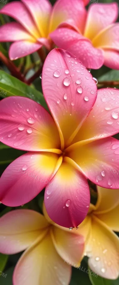 A Close Up Of A Vibrant Pink And Yellow Plumeria Flower With Water Droplets On The Petals Surrounded By Green Leaves In Bright Sunlight 11 8581