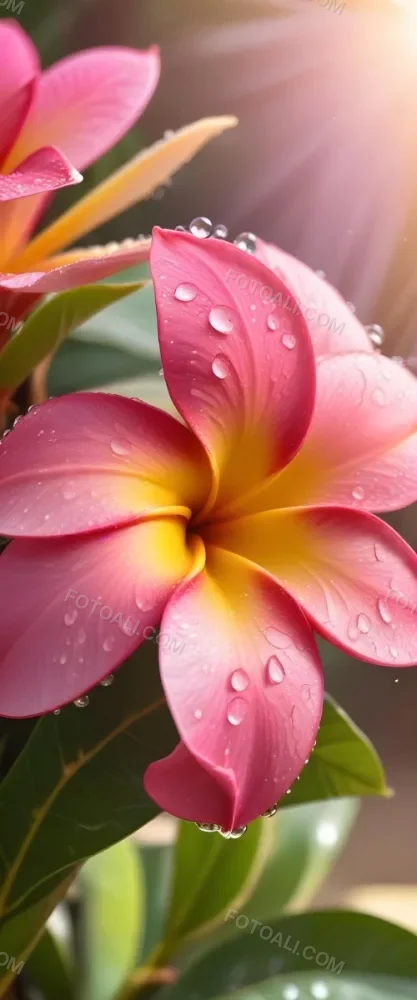 A Close Up Of A Vibrant Pink And Yellow Plumeria Flower With Water Droplets On The Petals Surrounded By Green Leaves In Bright Sunlight 14 1452