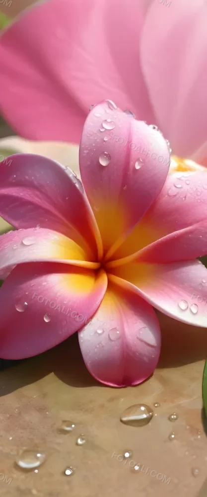 A Close Up Of A Vibrant Pink And Yellow Plumeria Flower With Water Droplets On The Petals Surrounded By Green Leaves In Bright Sunlight 16 1b1a
