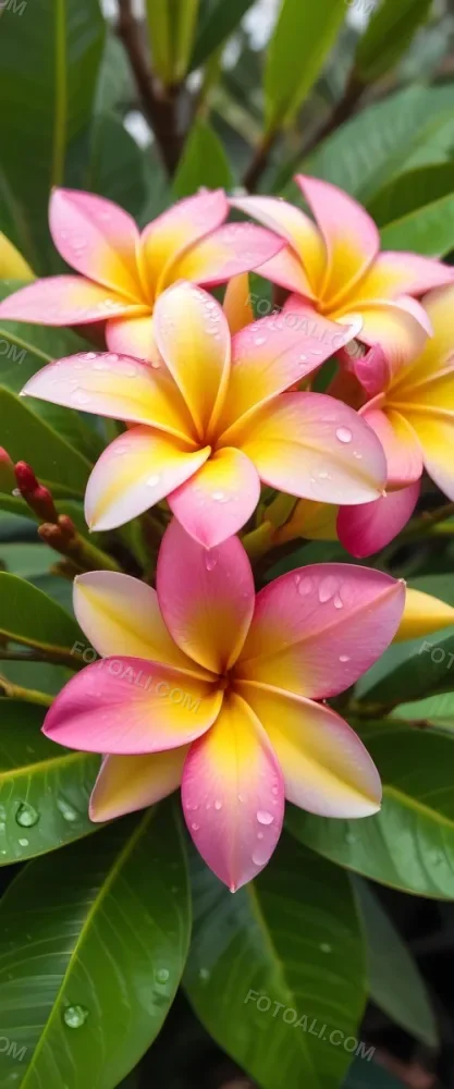 A Close Up Of A Vibrant Pink And Yellow Plumeria Flower With Water Droplets On The Petals Surrounded By Green Leaves In Bright Sunlight 3 Cf16