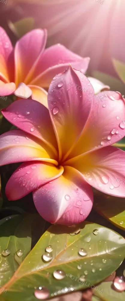 A Close Up Of A Vibrant Pink And Yellow Plumeria Flower With Water Droplets On The Petals Surrounded By Green Leaves In Bright Sunlight 5 65f8