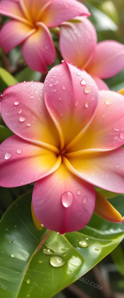 A Close Up Of A Vibrant Pink And Yellow Plumeria Flower With Water Droplets On The Petals Surrounded By Green Leaves In Bright Sunlight 6 D0dd