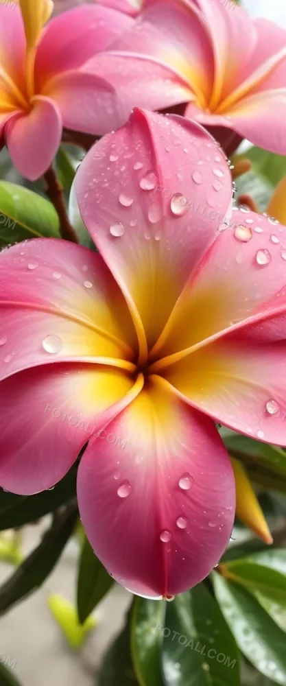 A Close Up Of A Vibrant Pink And Yellow Plumeria Flower With Water Droplets On The Petals Surrounded By Green Leaves In Bright Sunlight 7 0c76
