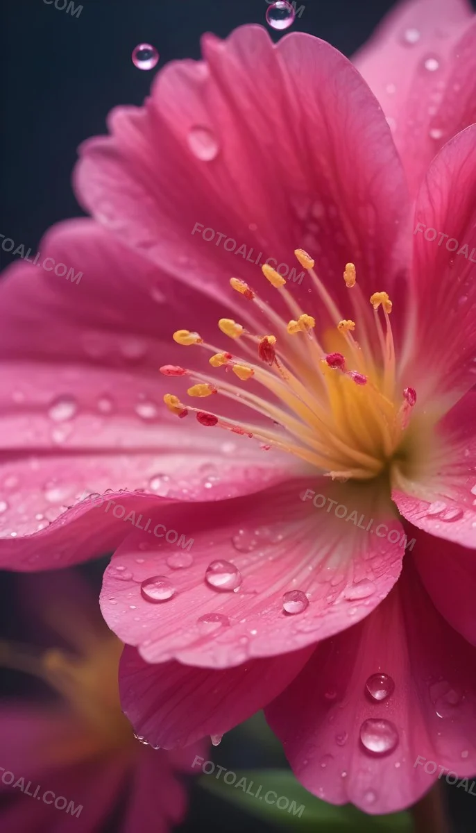 A Close Up Of A Vibrant Pink Flower With Water Droplets On The Petals And A Bright Yellow Center 4 5120
