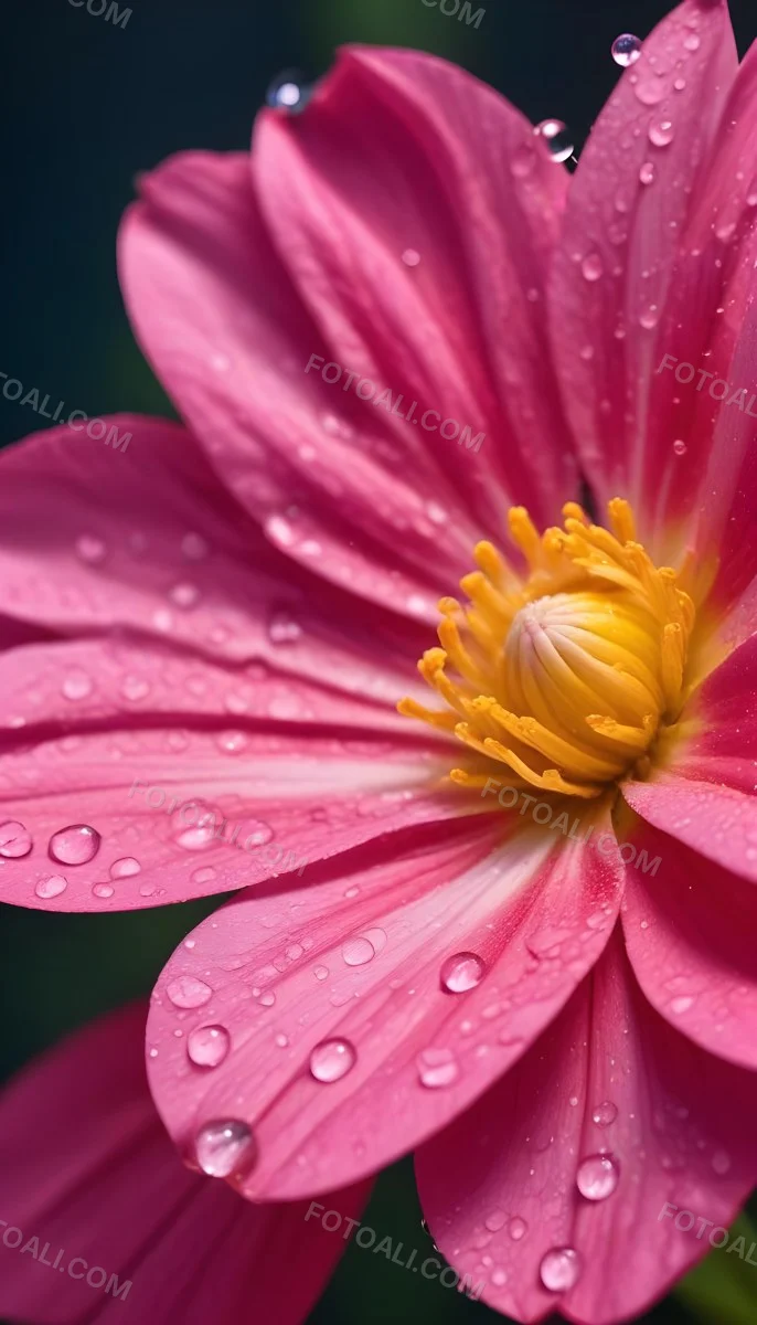 A Close Up Of A Vibrant Pink Flower With Water Droplets On The Petals And A Bright Yellow Center 6 A509