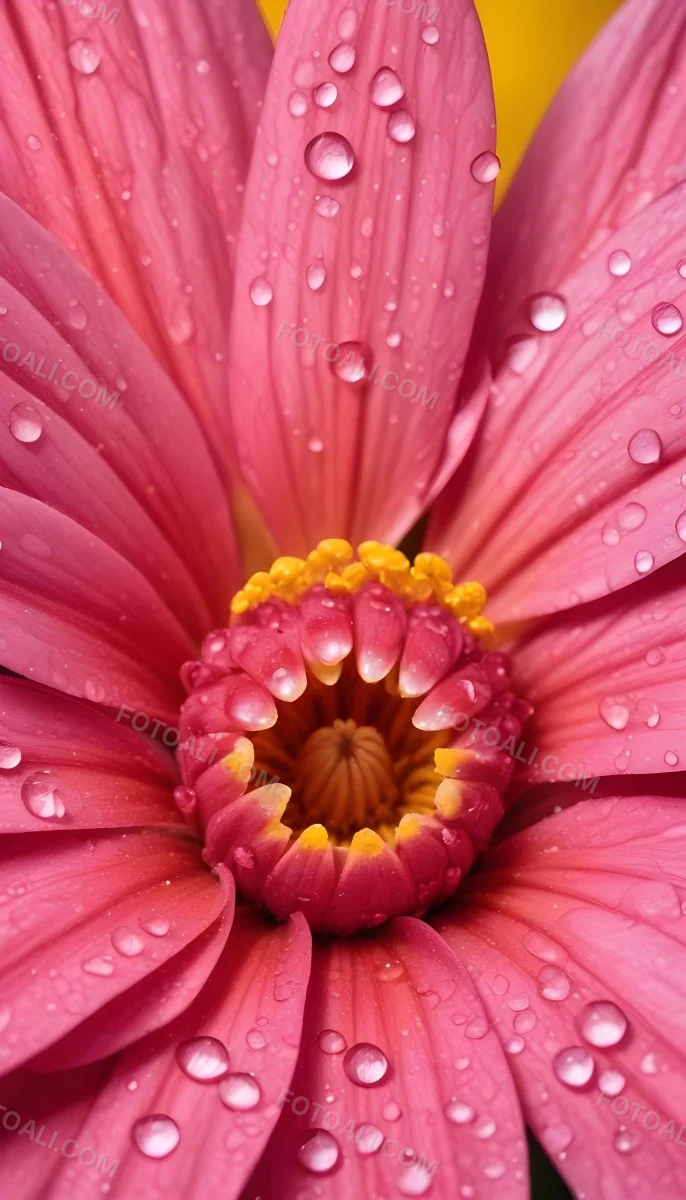 A Close Up Of A Vibrant Pink Flower With Water Droplets On The Petals And A Bright Yellow Center 7 5f63