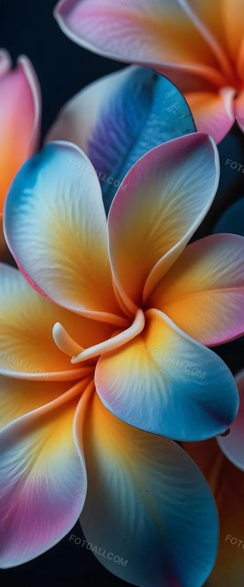 A Close Up Of A Vibrant Plumeria Flower With Soft Delicate Petals In Shades Of Orange Pink And Blue The Flower Appears To Be In Full Bloom Against A Blurred Dark Background 6 5f23