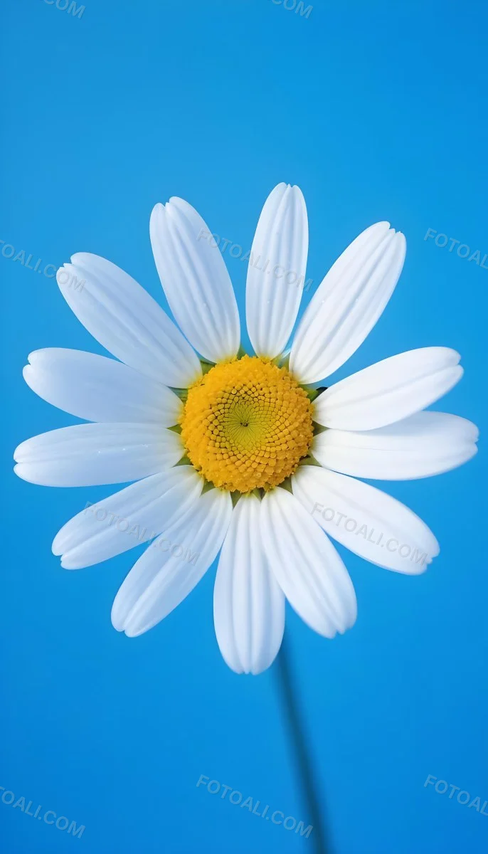 A Close Up Of A White Daisy Flower With Blue Center Against A Bright Blue Background 1 54e9