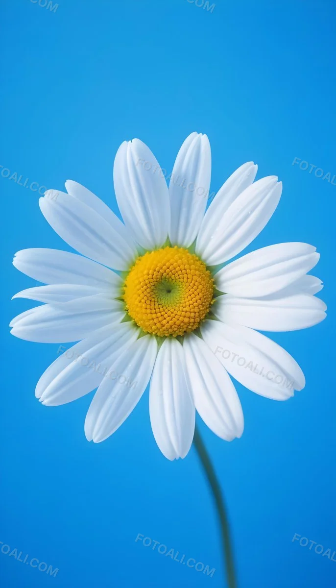 A Close Up Of A White Daisy Flower With Blue Center Against A Bright Blue Background 21 86c1