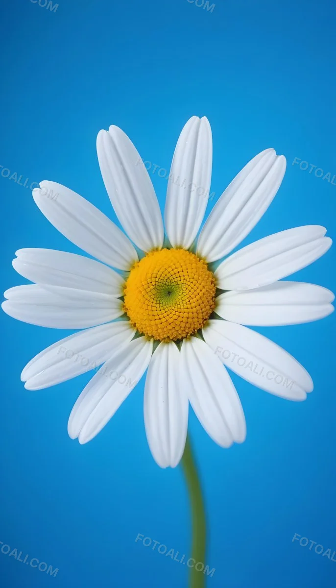 A Close Up Of A White Daisy Flower With Blue Center Against A Bright Blue Background 22 C82b
