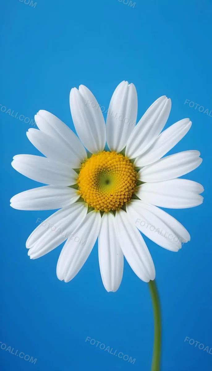 A Close Up Of A White Daisy Flower With Blue Center Against A Bright Blue Background 26 C01c
