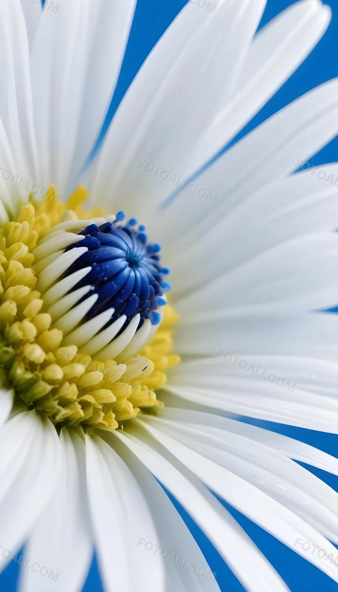 A Close Up Of A White Daisy Flower With Blue Center Against A Bright Blue Background 3 7e8f