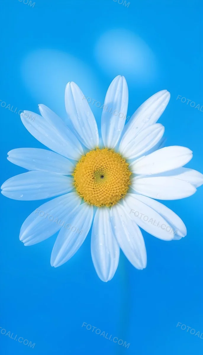 A Close Up Of A White Daisy Flower With Blue Center Against A Bright Blue Background 32 A775