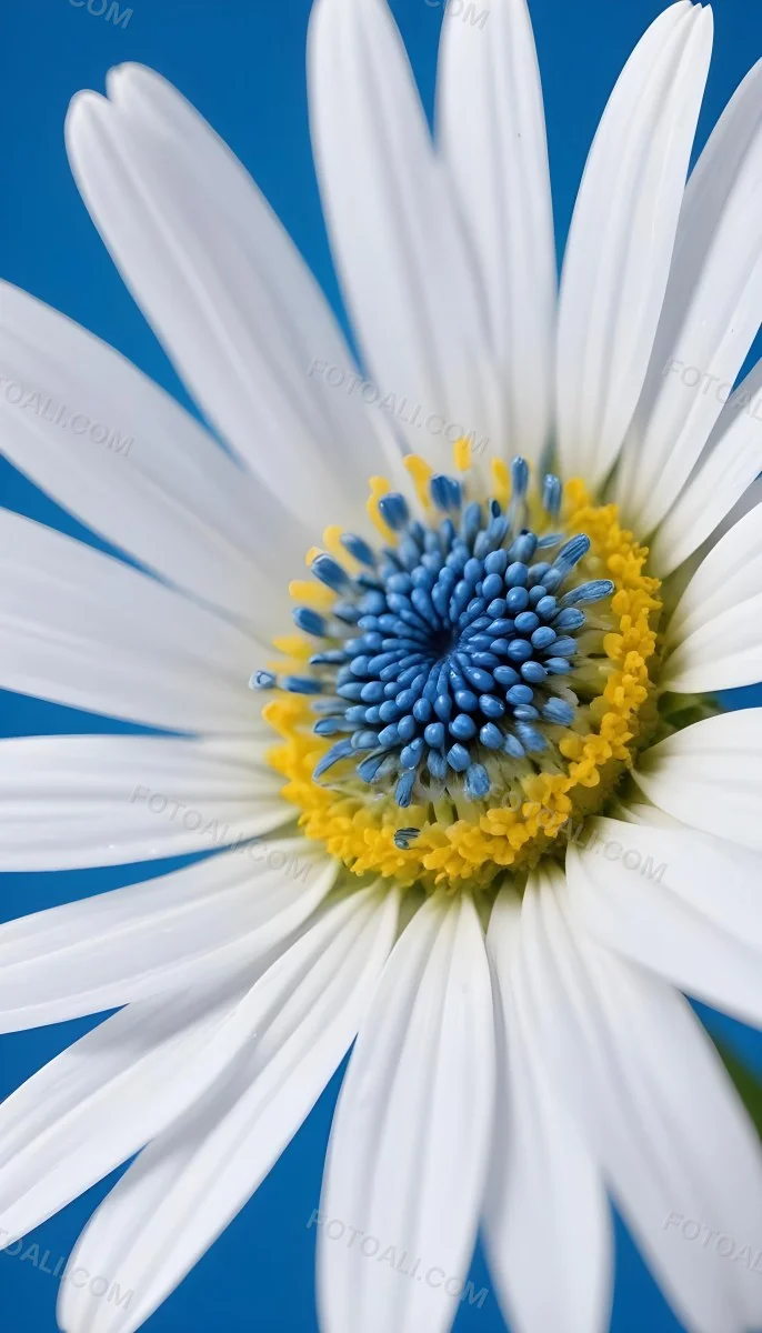 A Close Up Of A White Daisy Flower With Blue Center Against A Bright Blue Background 7 0e44