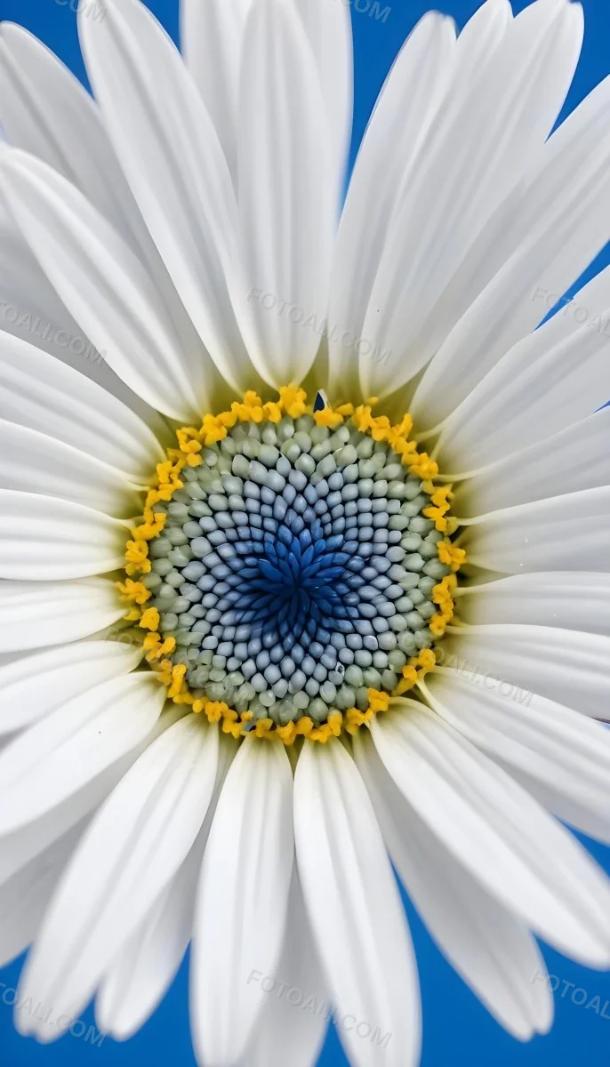 A Close Up Of A White Daisy Flower With Blue Center Against A Bright Blue Background 8 7c17