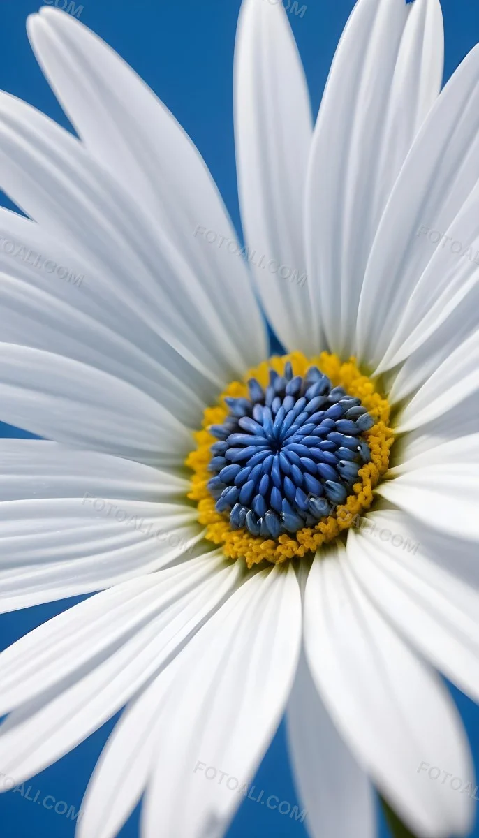A Close Up Of A White Daisy Flower With Blue Center Against A Bright Blue Background 9 8392