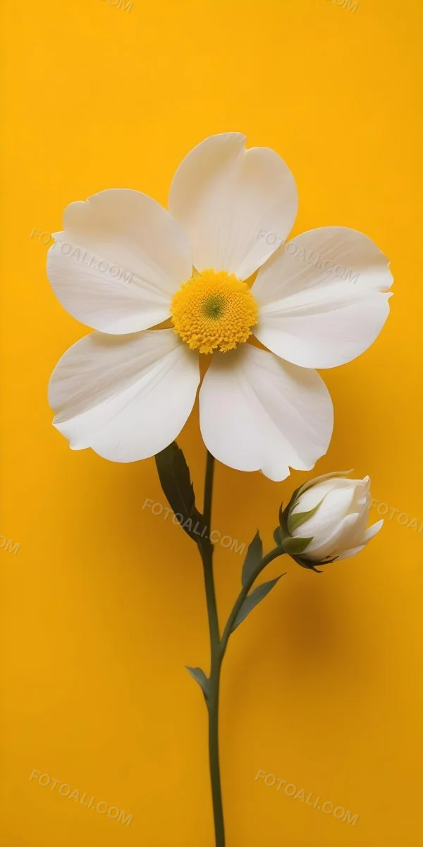A Close Up Of A White Flower With A Yellow Center On A Yellow Background 12 7baf