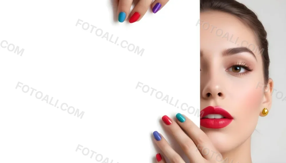 A Close Up Of A Woman S Face With Colorful Nail Polish On Her Fingers And Bright Red Lipstick On Her Lips 10 7003