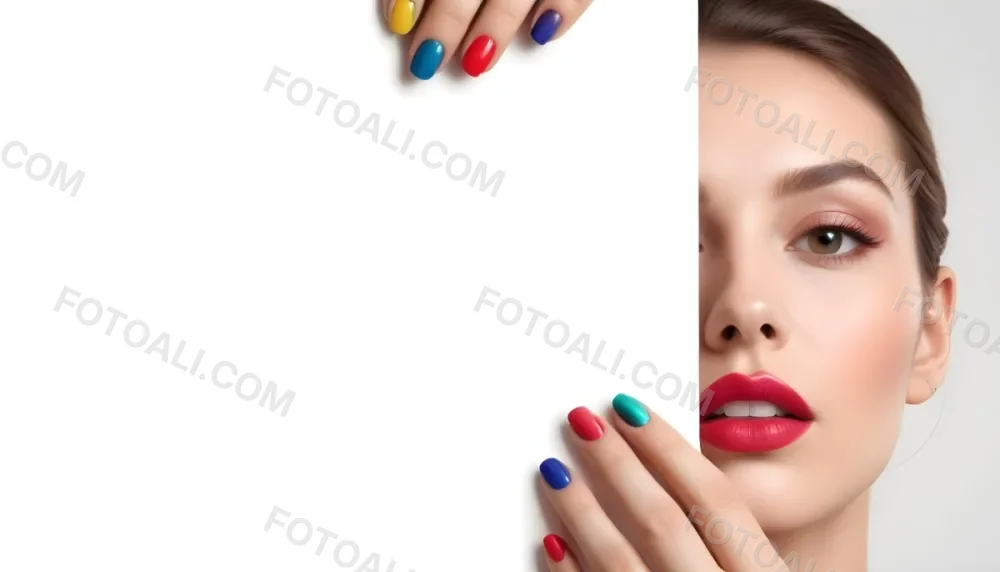 A Close Up Of A Woman S Face With Colorful Nail Polish On Her Fingers And Bright Red Lipstick On Her Lips 3 71d7