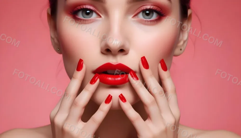 A Close Up Of A Woman S Face With Colorful Nail Polish On Her Fingers And Bright Red Lipstick On Her Lips 6 5c01