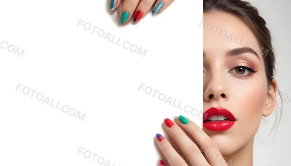 A Close Up Of A Woman S Face With Colorful Nail Polish On Her Fingers And Bright Red Lipstick On Her Lips 9 5ed6