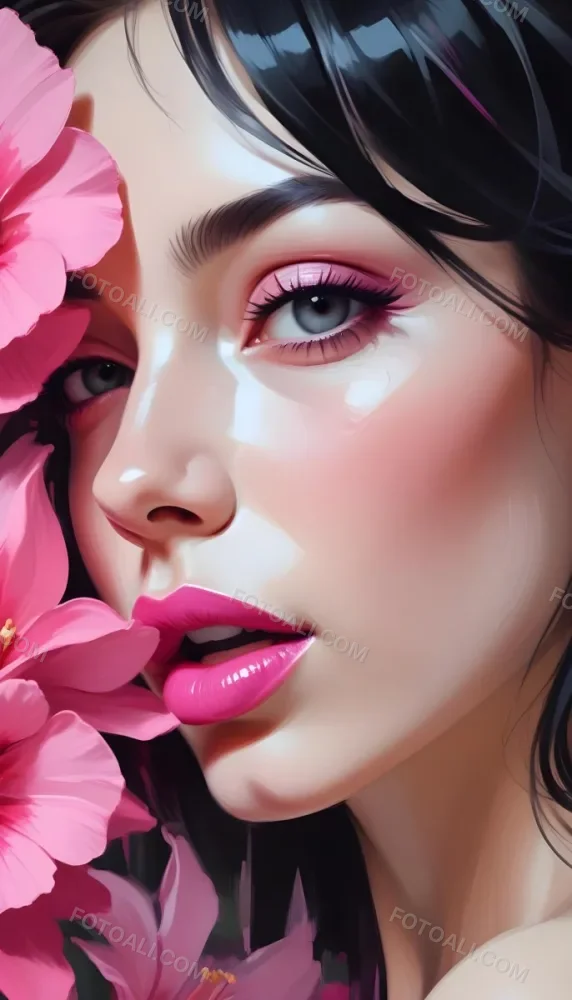 A Close Up Of A Woman S Face With Pink Lips And A Pink Flower In The Background 11 9b5c