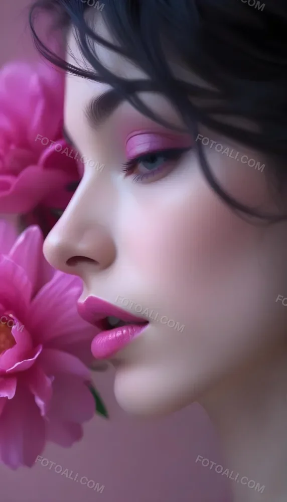A Close Up Of A Woman S Face With Pink Lips And A Pink Flower In The Background 26 5e03