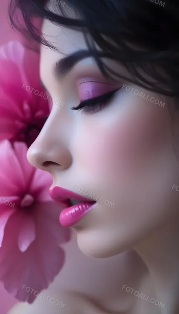 A Close Up Of A Woman S Face With Pink Lips And A Pink Flower In The Background 34 C6af