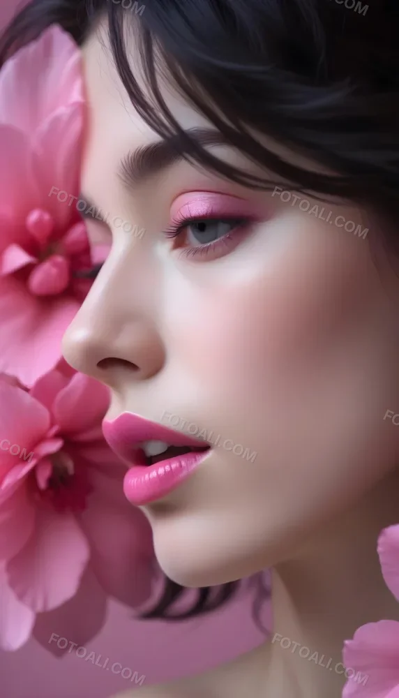 A Close Up Of A Woman S Face With Pink Lips And A Pink Flower In The Background 43 B03e