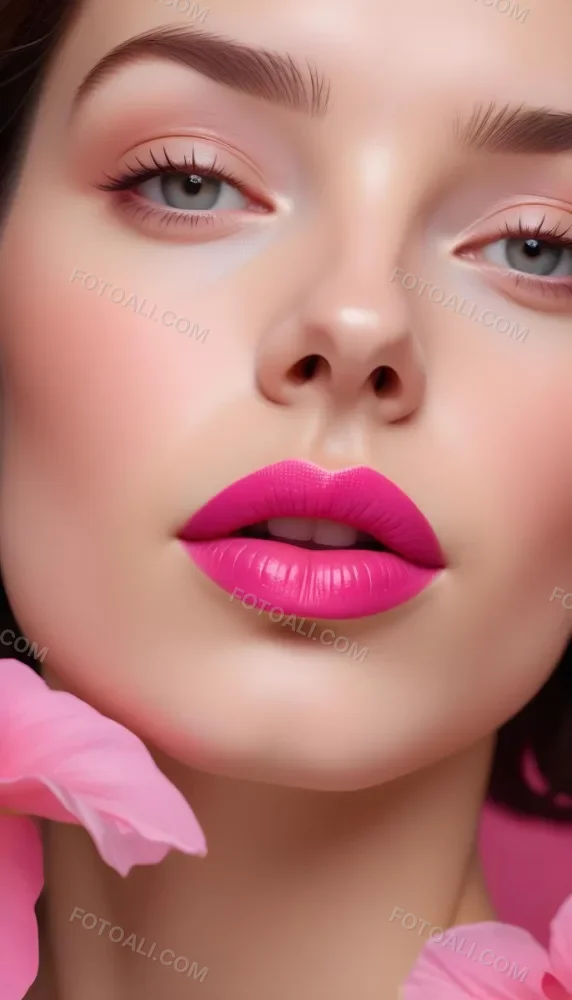 A Close Up Of A Woman S Face With Pink Lips And A Pink Flower In The Background 52 150e