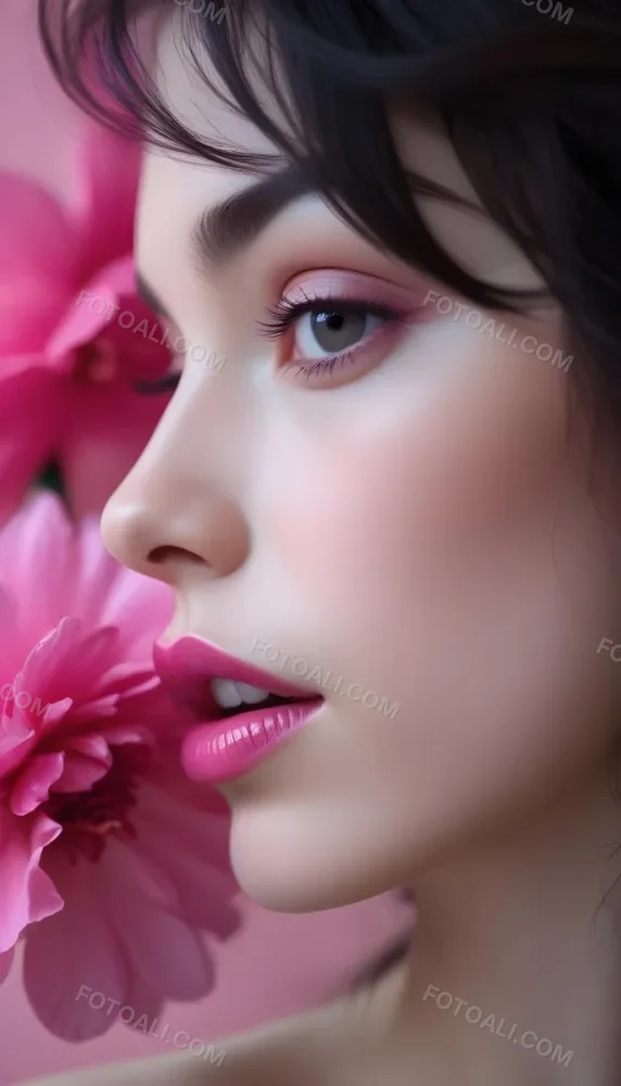 A Close Up Of A Woman S Face With Pink Lips And A Pink Flower In The Background 56 4cbe
