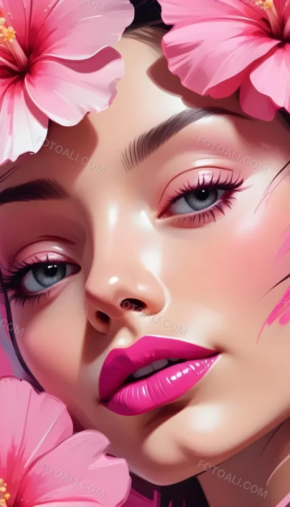 A Close Up Of A Woman S Face With Pink Lips And A Pink Flower In The Background 7 Fcd3