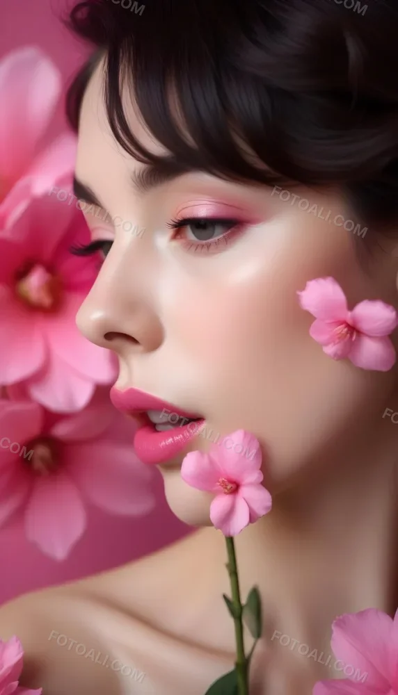 A Close Up Of A Woman S Face With Pink Lips And A Pink Flower In The Background 73 50a4