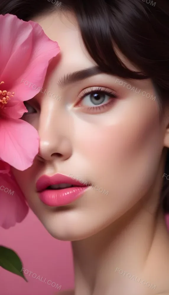 A Close Up Of A Woman S Face With Pink Lips And A Pink Flower In The Background 75 C04c