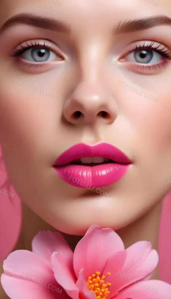 A Close Up Of A Woman S Face With Pink Lips And A Pink Flower In The Background 76 E8b7