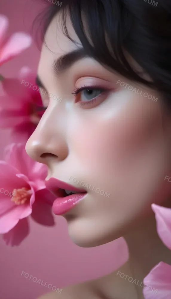 A Close Up Of A Woman S Face With Pink Lips And A Pink Flower In The Background 77 242f