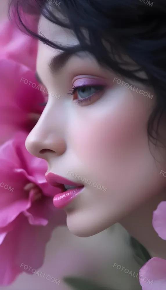 A Close Up Of A Woman S Face With Pink Lips And A Pink Flower In The Background 78 D219