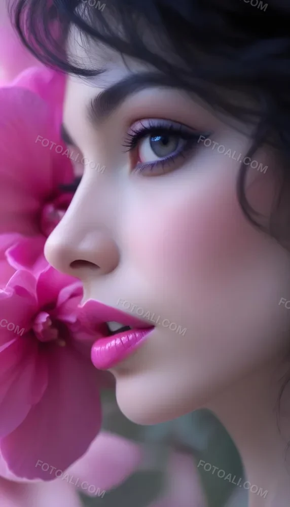 A Close Up Of A Woman S Face With Pink Lips And A Pink Flower In The Background 79 718b