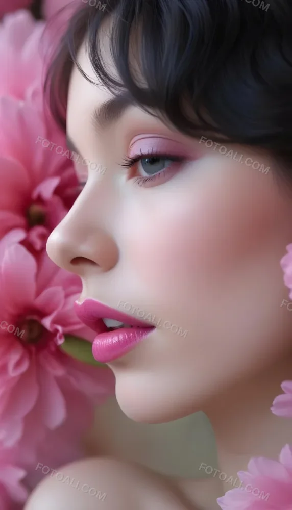 A Close Up Of A Woman S Face With Pink Lips And A Pink Flower In The Background 82 5946