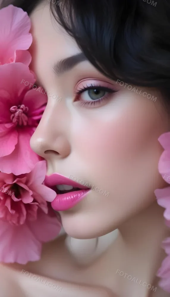 A Close Up Of A Woman S Face With Pink Lips And A Pink Flower In The Background 83 6897