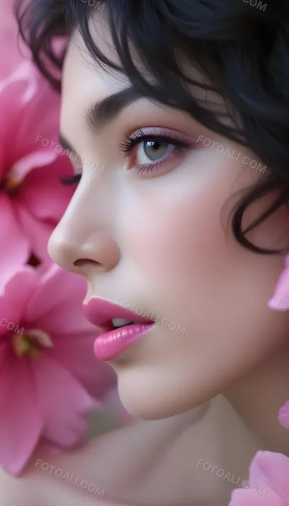 A Close Up Of A Woman S Face With Pink Lips And A Pink Flower In The Background 84 E042