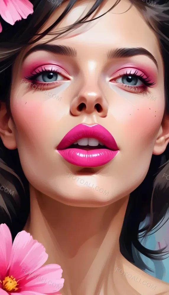 A Close Up Of A Woman S Face With Pink Lips And A Pink Flower In The Background 9 84a2