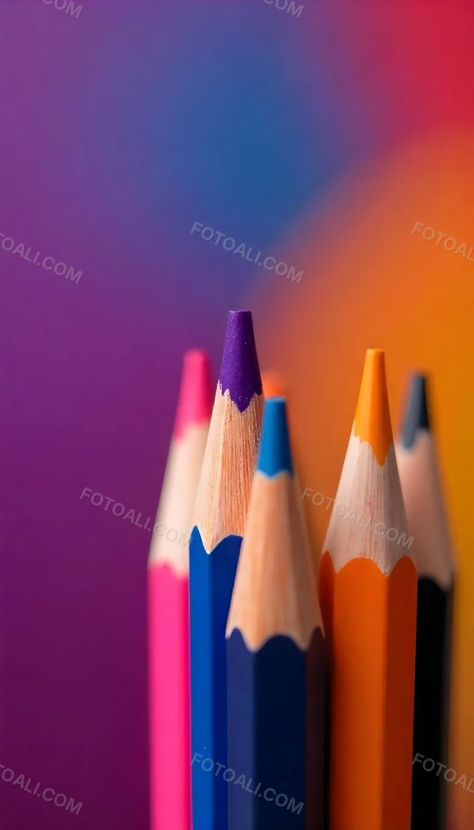 A Close Up Of Colored Pencils With A Purple Tip The Background Is A Gradient Of Purple Blue Orange Yellow And Red 27 5b3a